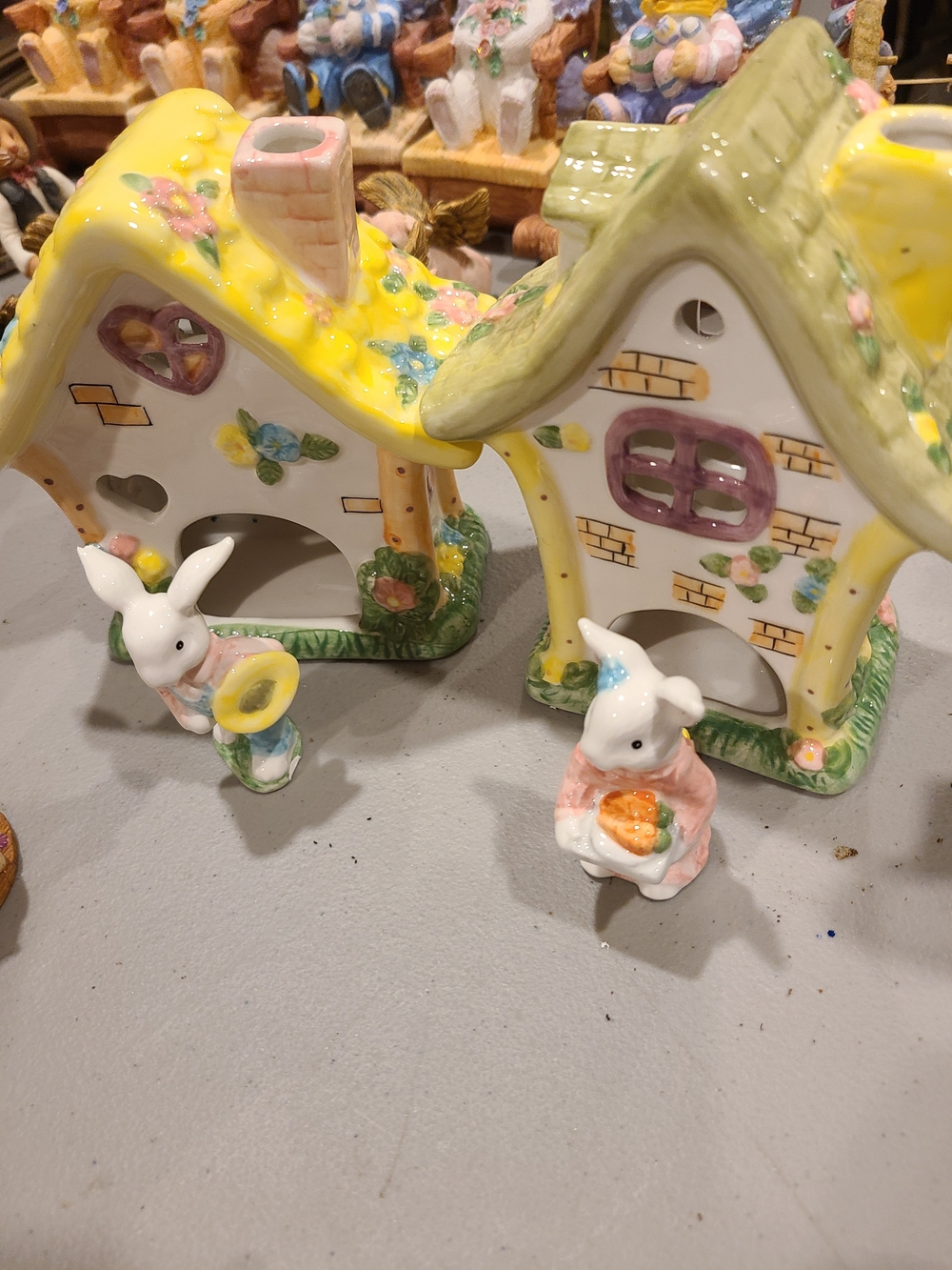 Vintage Yellow & Green Ceramic Easter Bunny House Pair